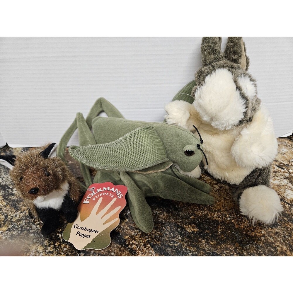 Lot Of 3 Folkmanis Puppets Grasshopper, Fox And Rabbit. Finger Puppet Toy Plush